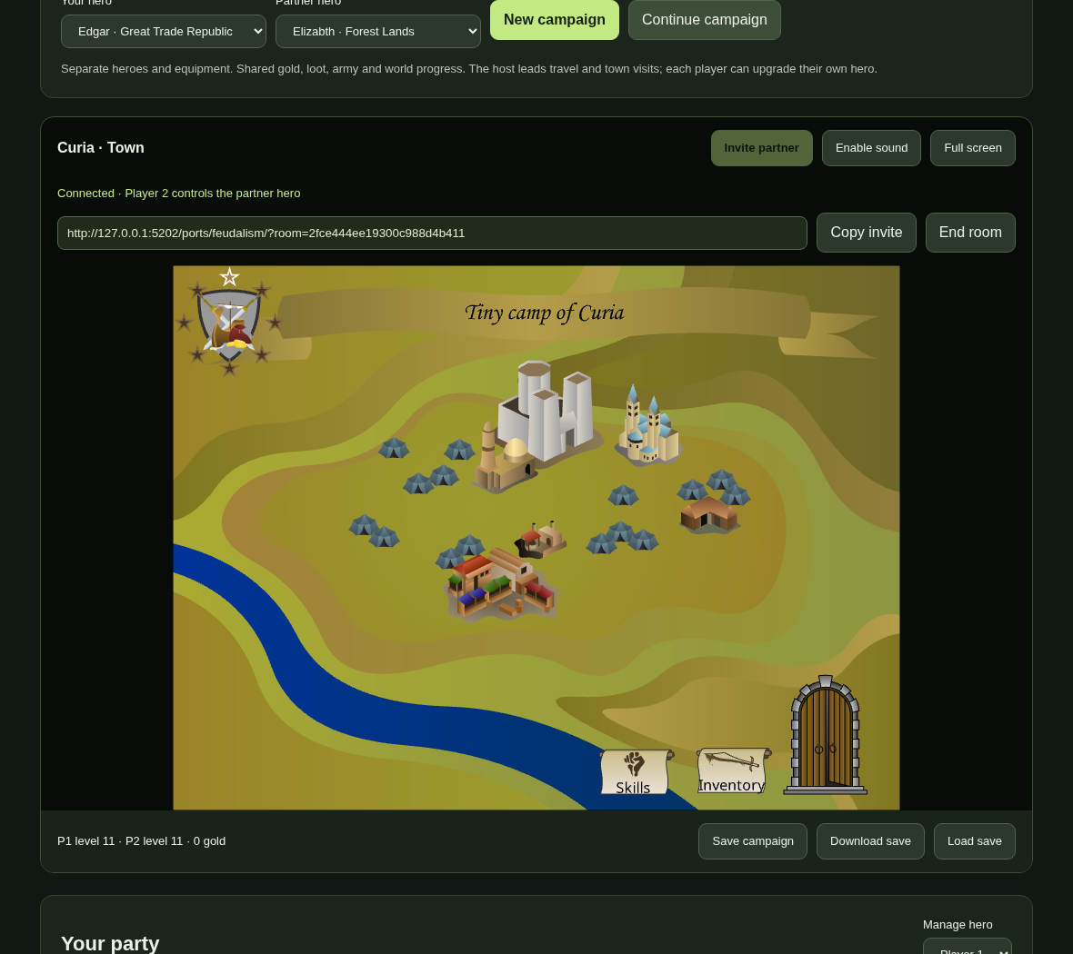 Chromium capture of the shared campaign in Curia, with both hero levels and campaign save controls.